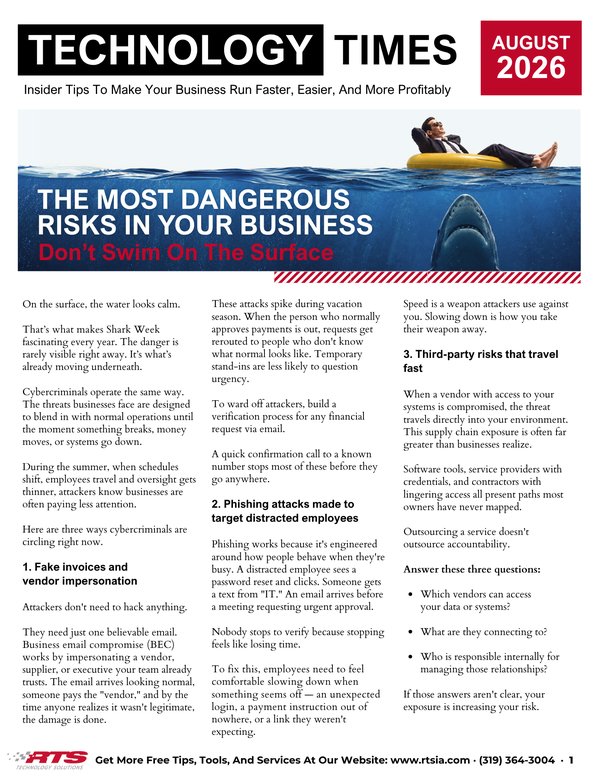 Technology Times August 2026 newsletter cover about business cybersecurity risks
