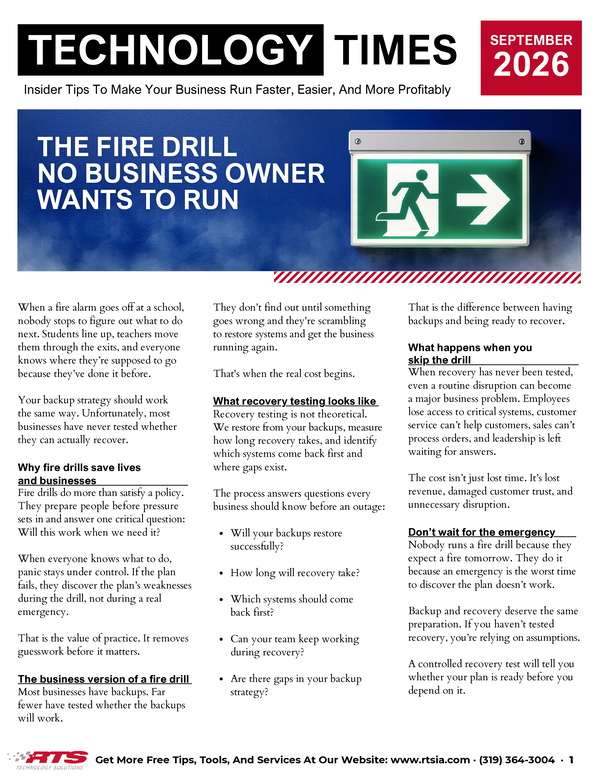 Technology Times September 2026 newsletter cover about business cybersecurity risks