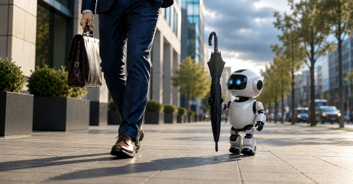 Businessman walks with robot assistant holding umbrella on city sidewalk