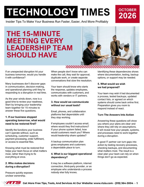 Technology Times October 2026 newsletter cover about business disruption readiness